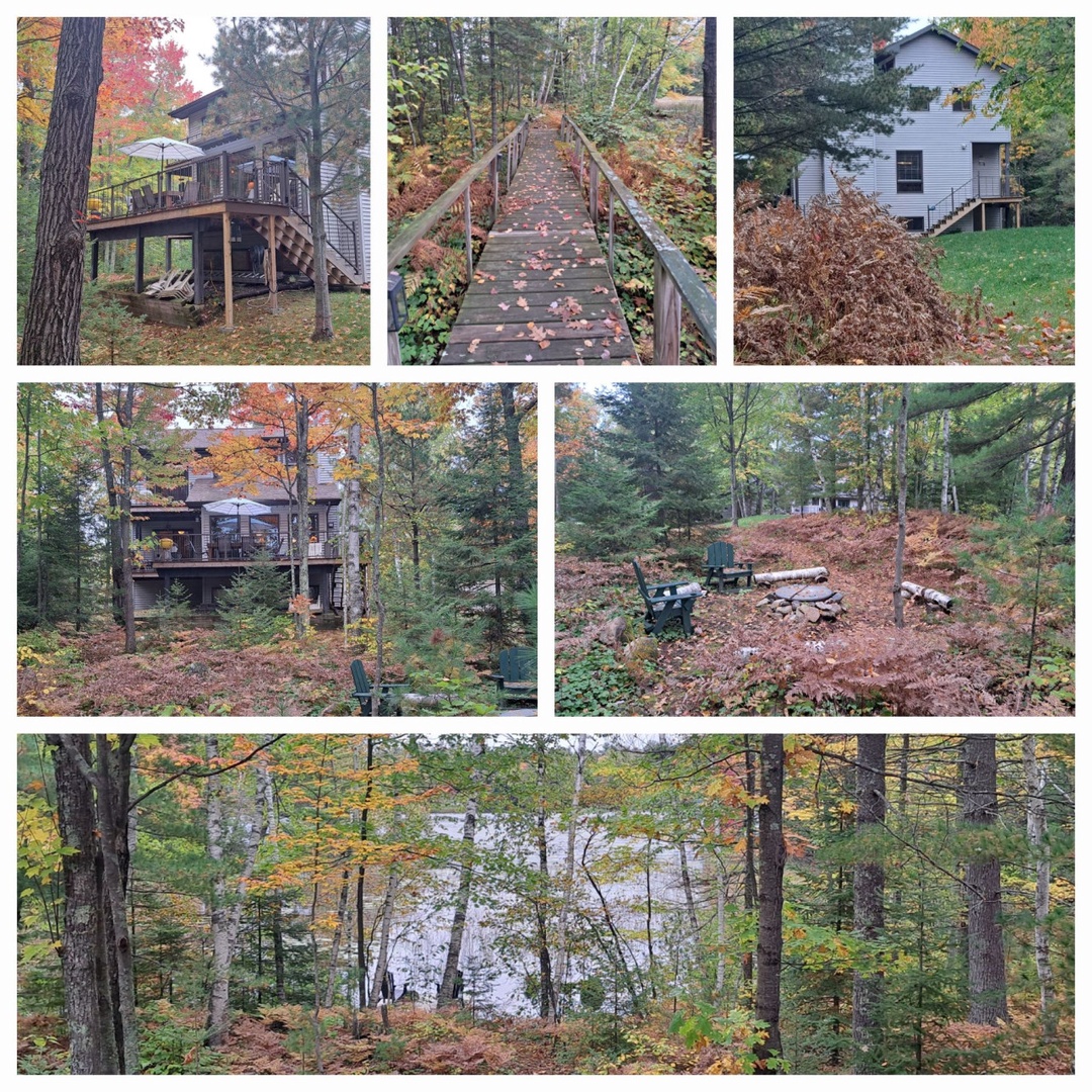 Charming lakeside retreat surrounded by vibrant autumn foliage, featuring rustic wooden decks and peaceful woodland trails leading to serene waterfront views.
