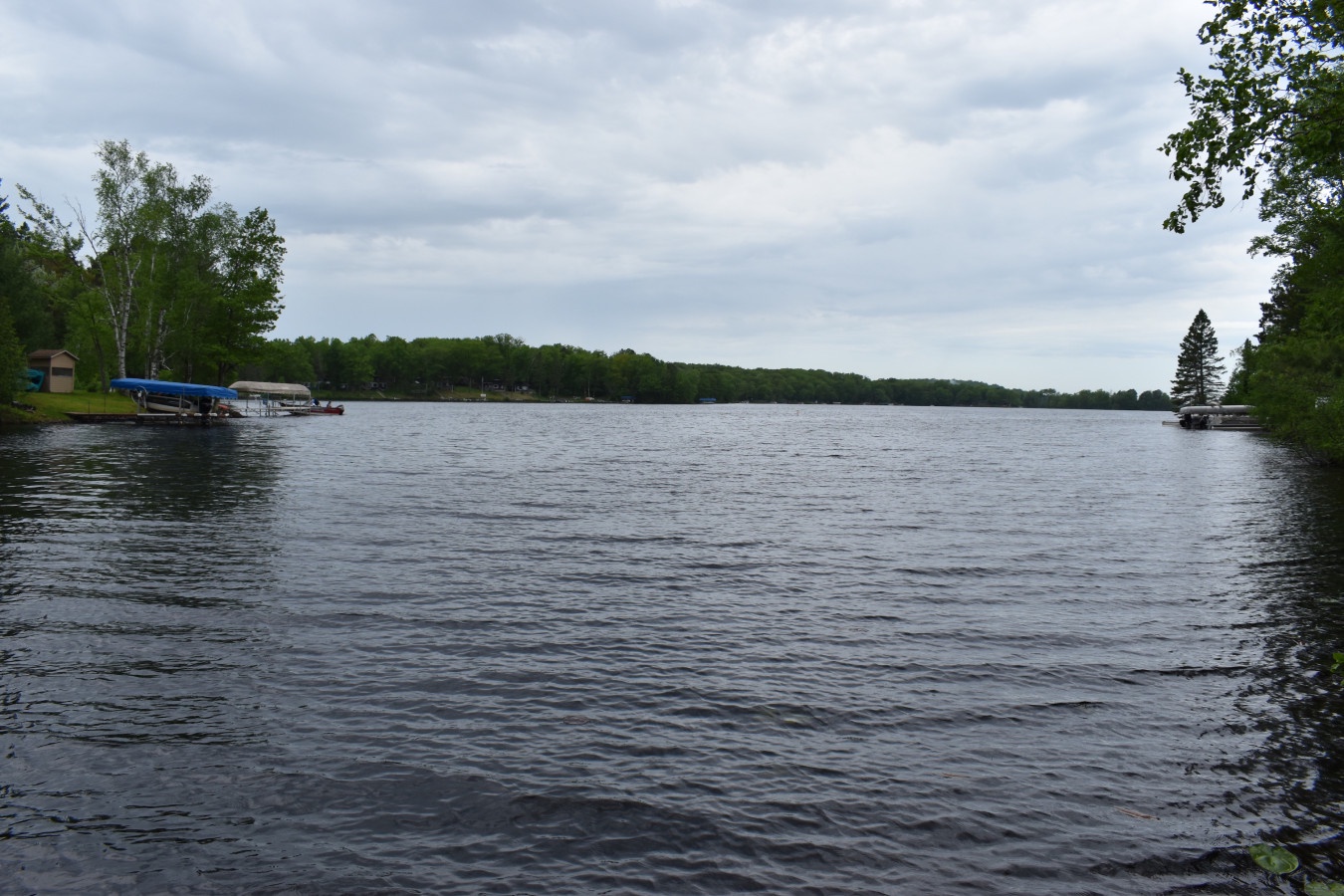 Pristine lake surrounded by lush forest offers peaceful waterfront setting with boat docks and natural shoreline for outdoor recreation.