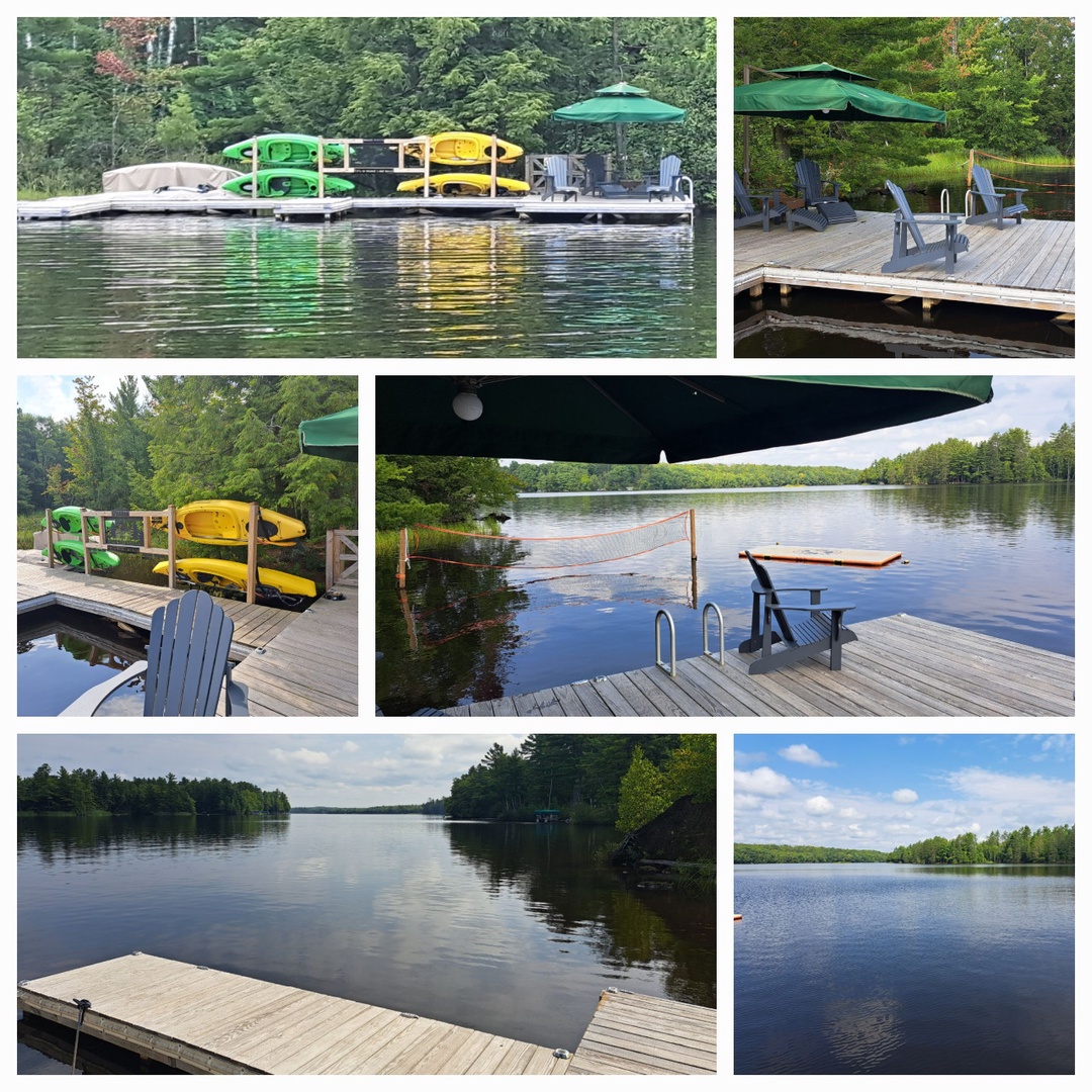 Private lake access with kayaks, volleyball net, and peaceful dock seating surrounded by pristine nature.