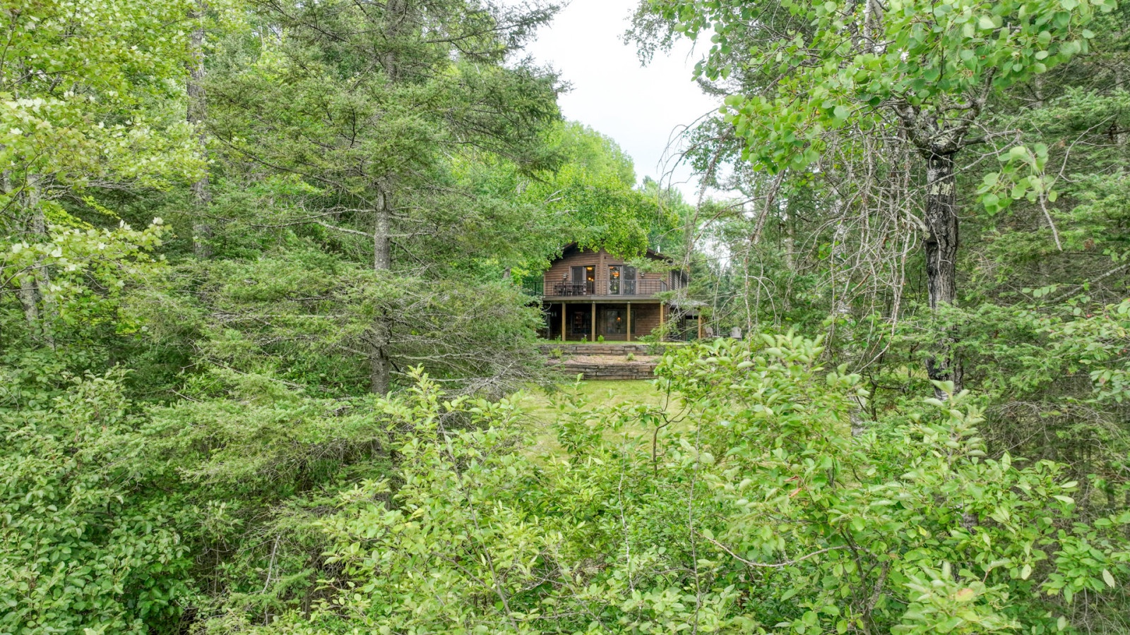 A secluded cabin nestled among lush spring forest, offering peaceful retreat surrounded by vibrant green trees and natural woodland setting.