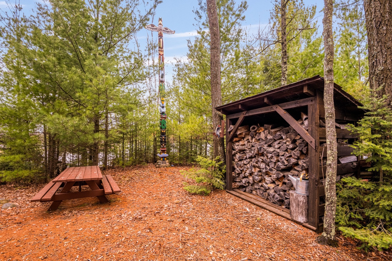 A rustic forest retreat with stacked firewood, picnic table, and totem pole surrounded by towering trees—perfect for reconnecting with nature.