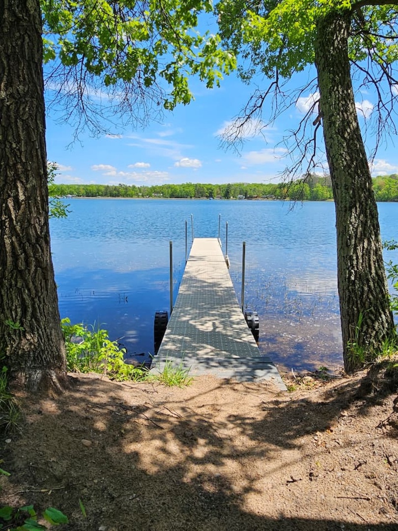 Private dock extends into pristine lake waters, framed by towering trees and peaceful shoreline perfect for lakeside relaxation.