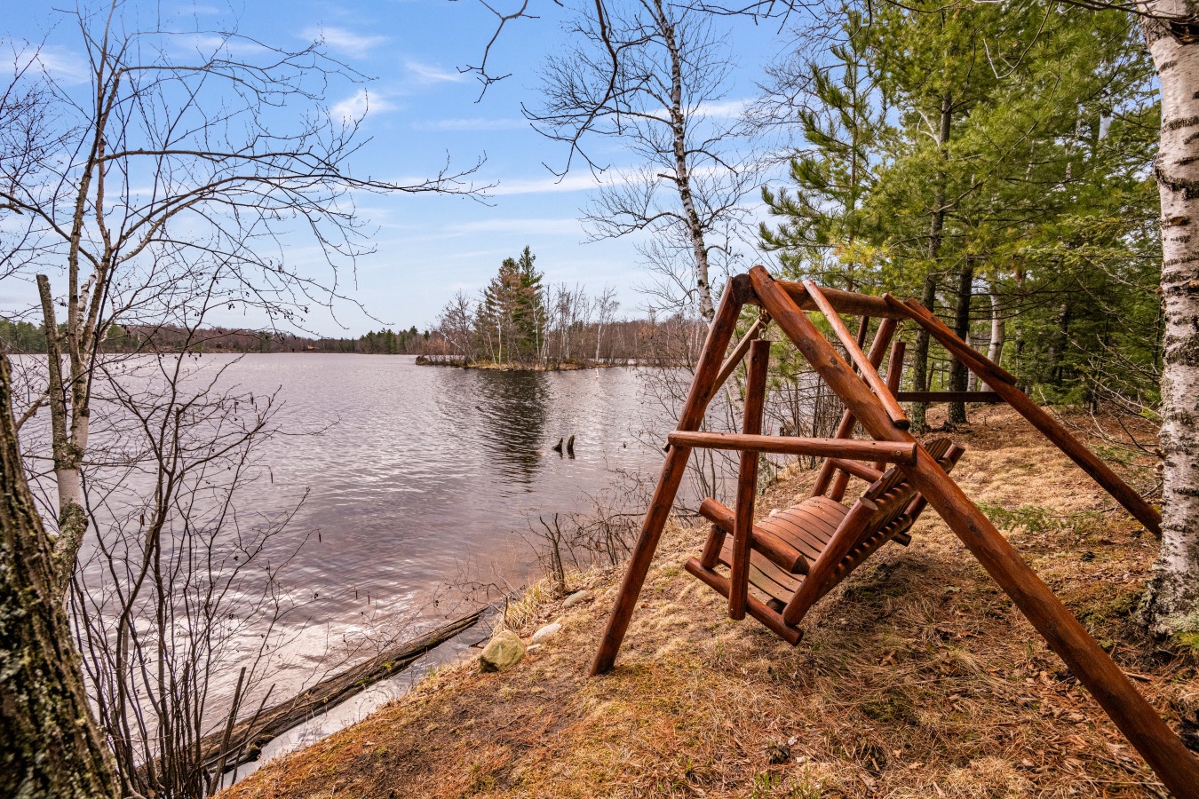 Peaceful lakeside setting with wooden swing and pristine waters surrounded by natural forest landscape.