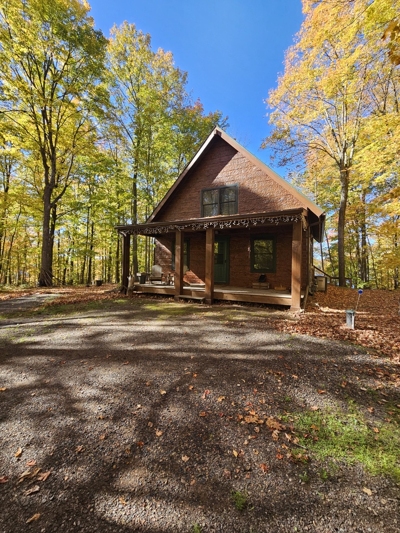 Charming cedar cabin nestled among vibrant autumn foliage with private gravel driveway and covered front porch.