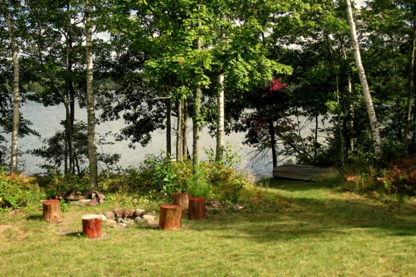 Peaceful lakefront setting with rustic log seating around a stone fire pit, surrounded by towering trees and serene water views.