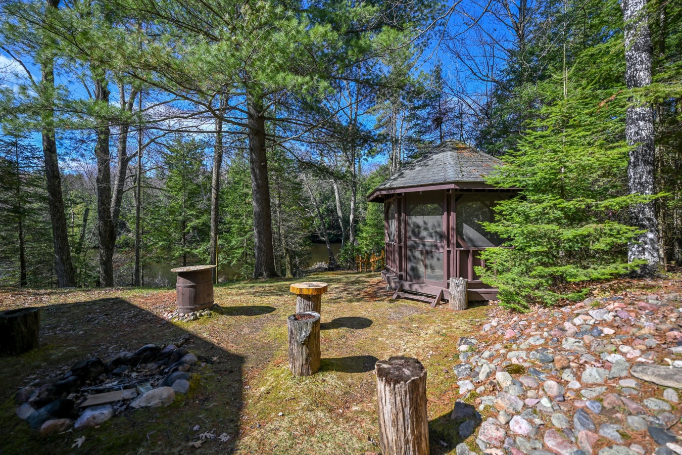 Peaceful woodland retreat with charming gazebo, fire pit, and rustic seating surrounded by towering trees and natural tranquility.