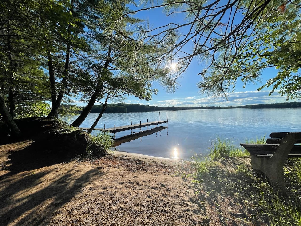 Tranquil lakefront setting with private dock and peaceful shoreline beneath towering pines.