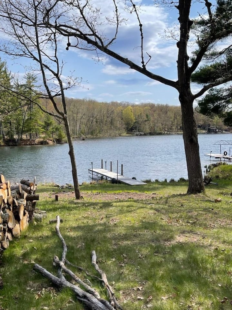 Serene lakefront setting with private dock access surrounded by natural woodlands and peaceful waters.