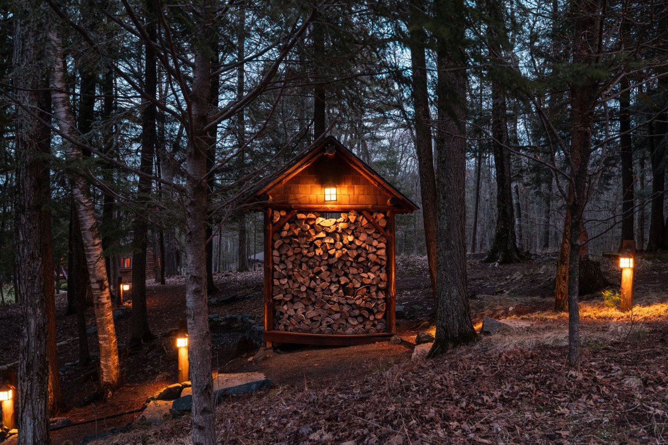 Cozy woodland setting with illuminated firewood storage shed nestled among tall trees, creating a magical forest atmosphere at dusk.