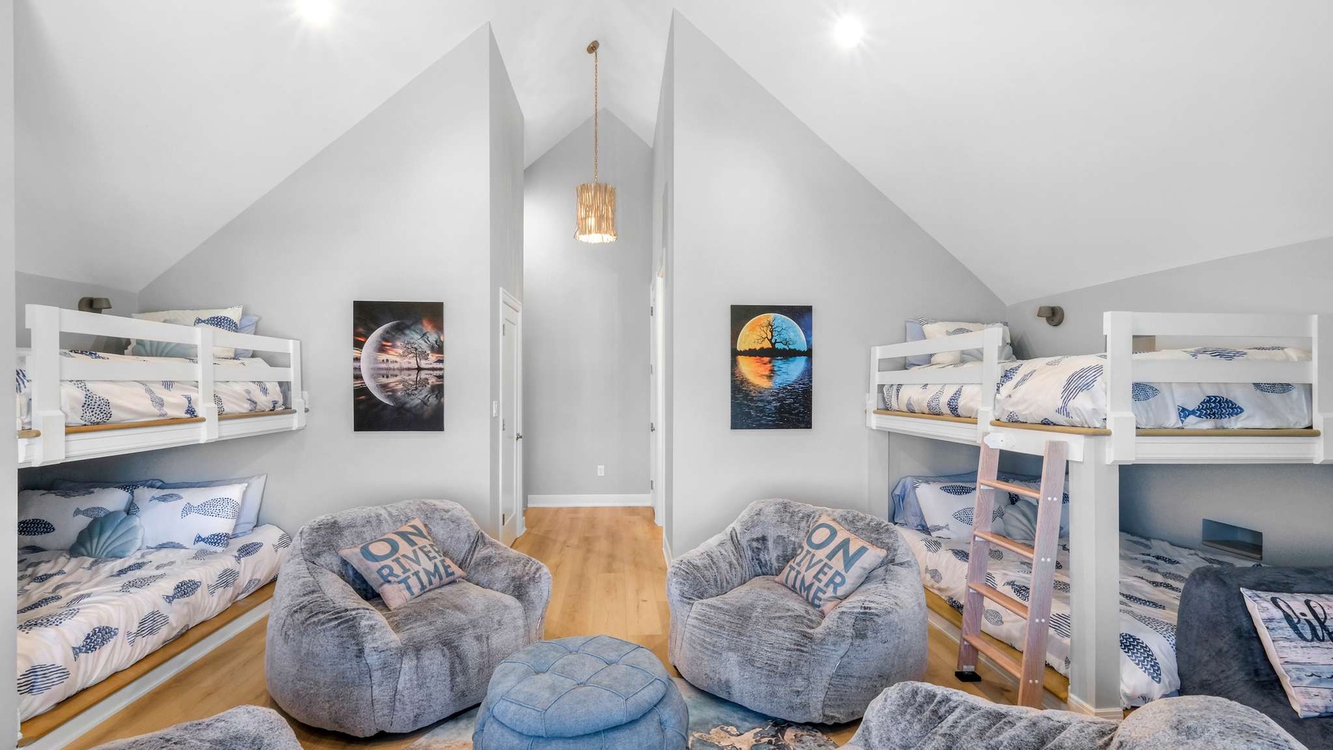 Your kids will love this fun bunk room with cozy bean bags for movie nights and games.