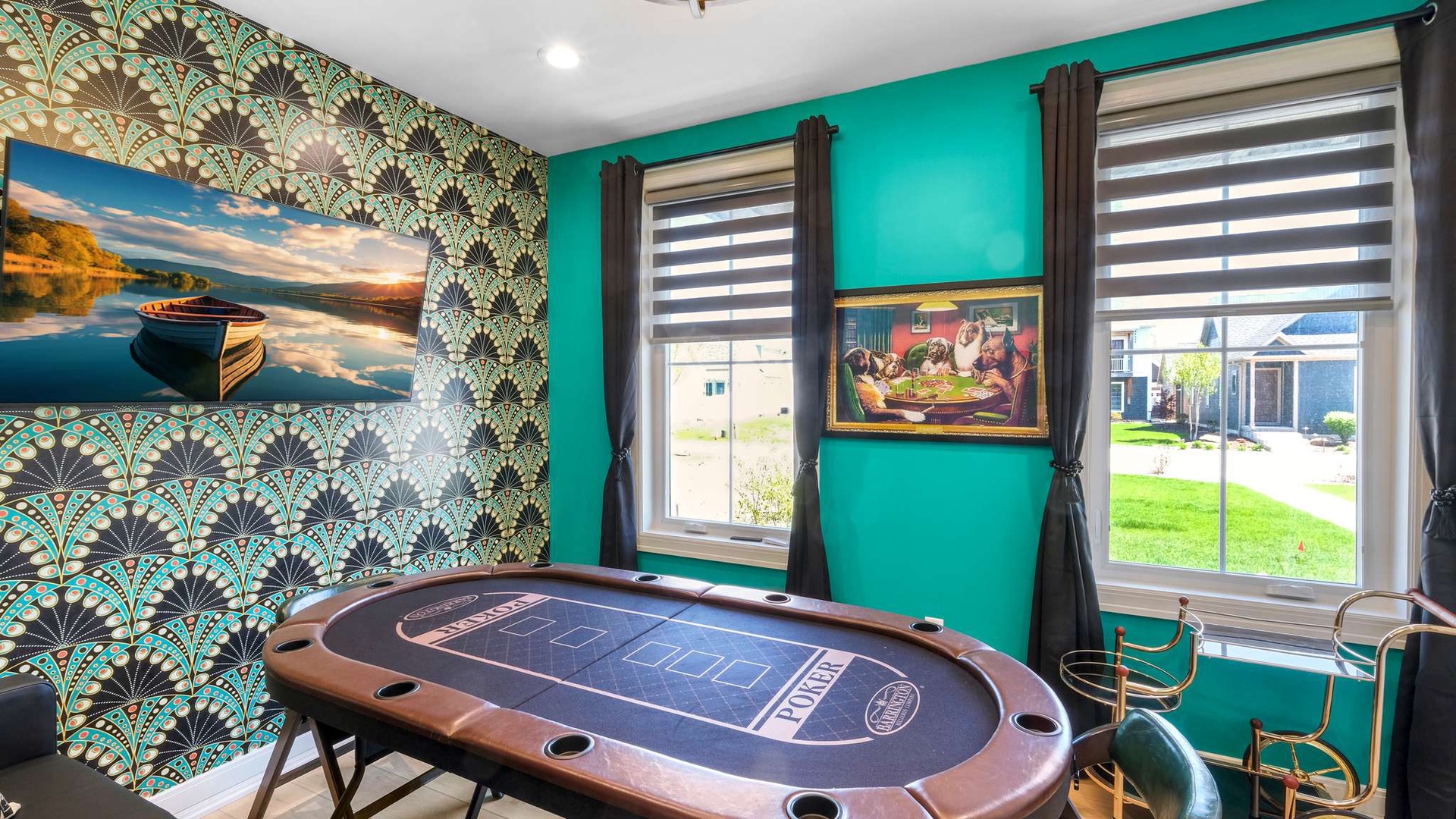 Your private game room awaits with a professional poker table and vibrant decor for memorable evenings with friends.
