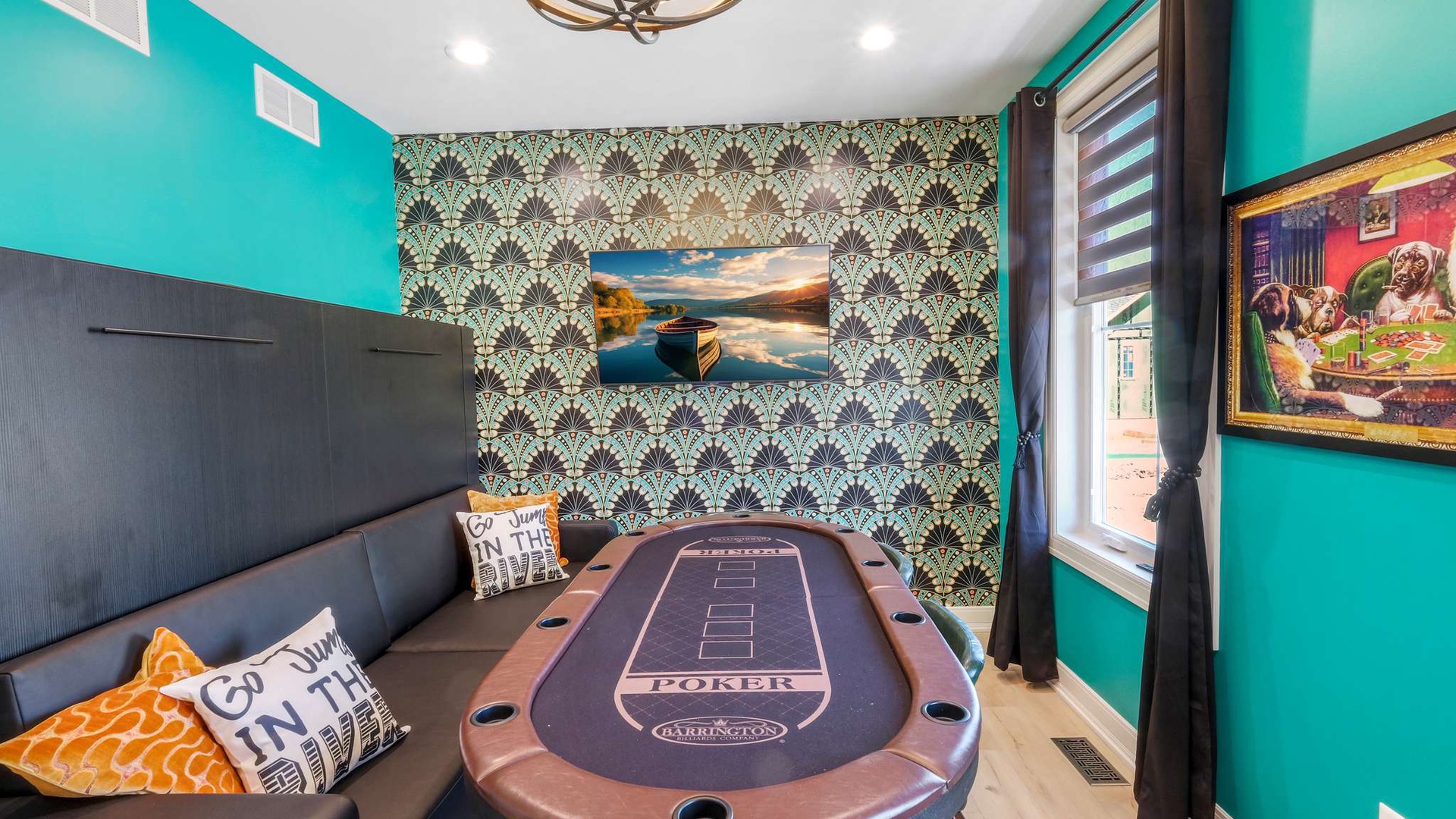 Your private game room awaits with a professional poker table and comfy seating for memorable nights with friends.