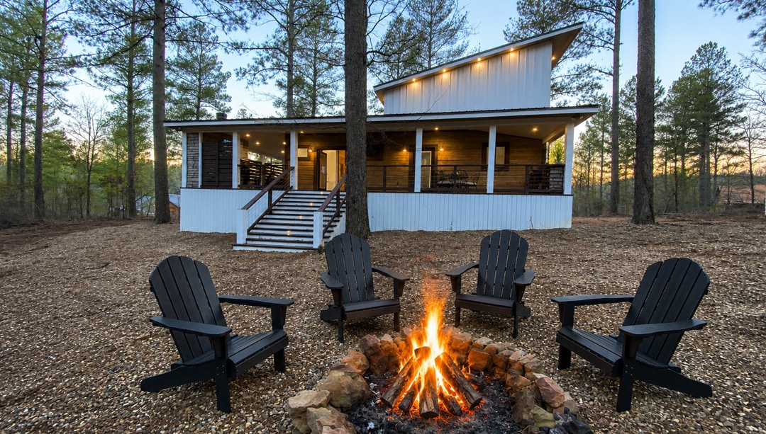 Gather around the crackling fire pit as the sun sets behind the towering pines, your perfect spot for roasting marshmallows and sharing stories under the evening sky.