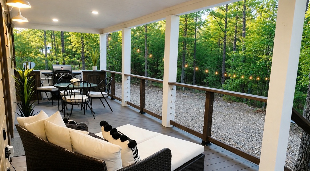Sink into cozy outdoor seating while surrounded by lush forest views and warm string lights creating the perfect evening retreat.