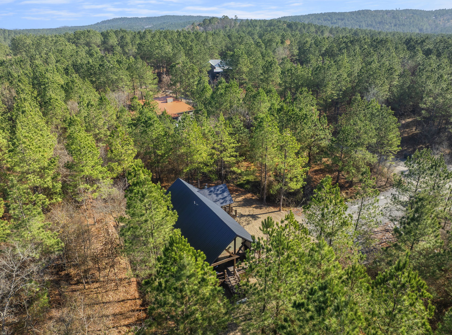 Aerial view of a secluded forest retreat nestled among towering trees and rolling hills, offering complete privacy in nature's embrace.