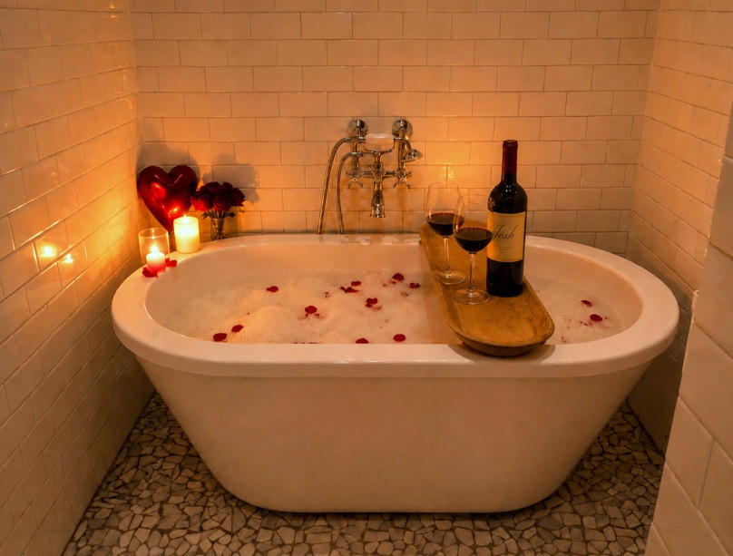 Sink into a warm, candlelit bath with rose petals floating around you. Sip wine as soft light glows off white subway tiles—your private spa retreat awaits.