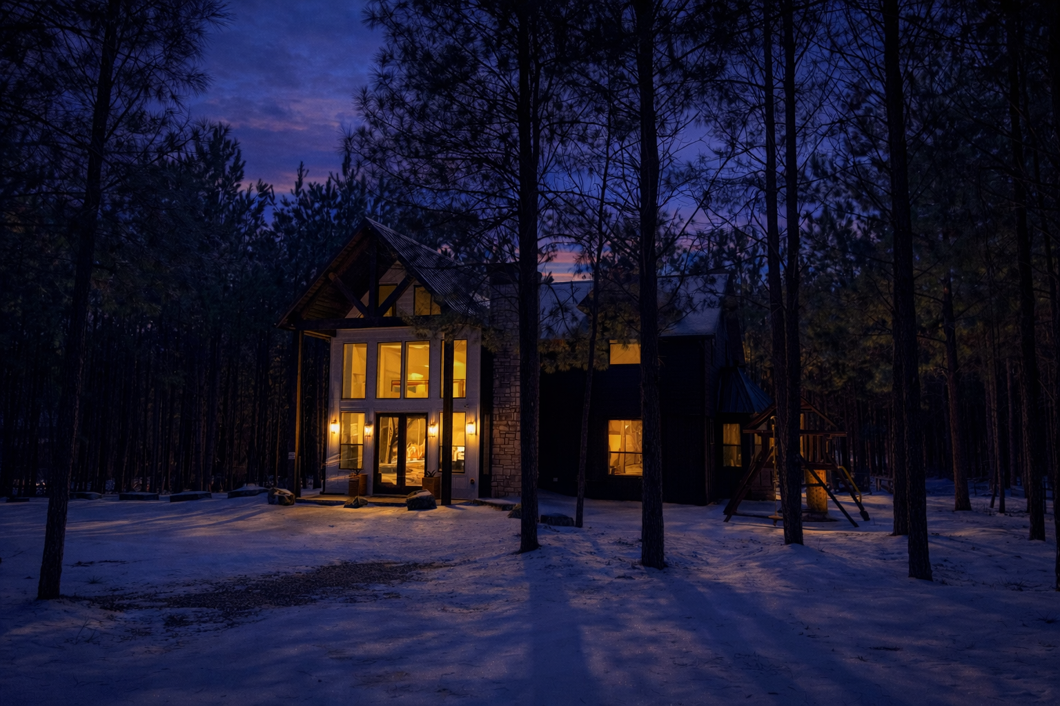 Modern cabin nestled in snowy forest creates magical winter retreat with warm lights glowing against twilight sky.