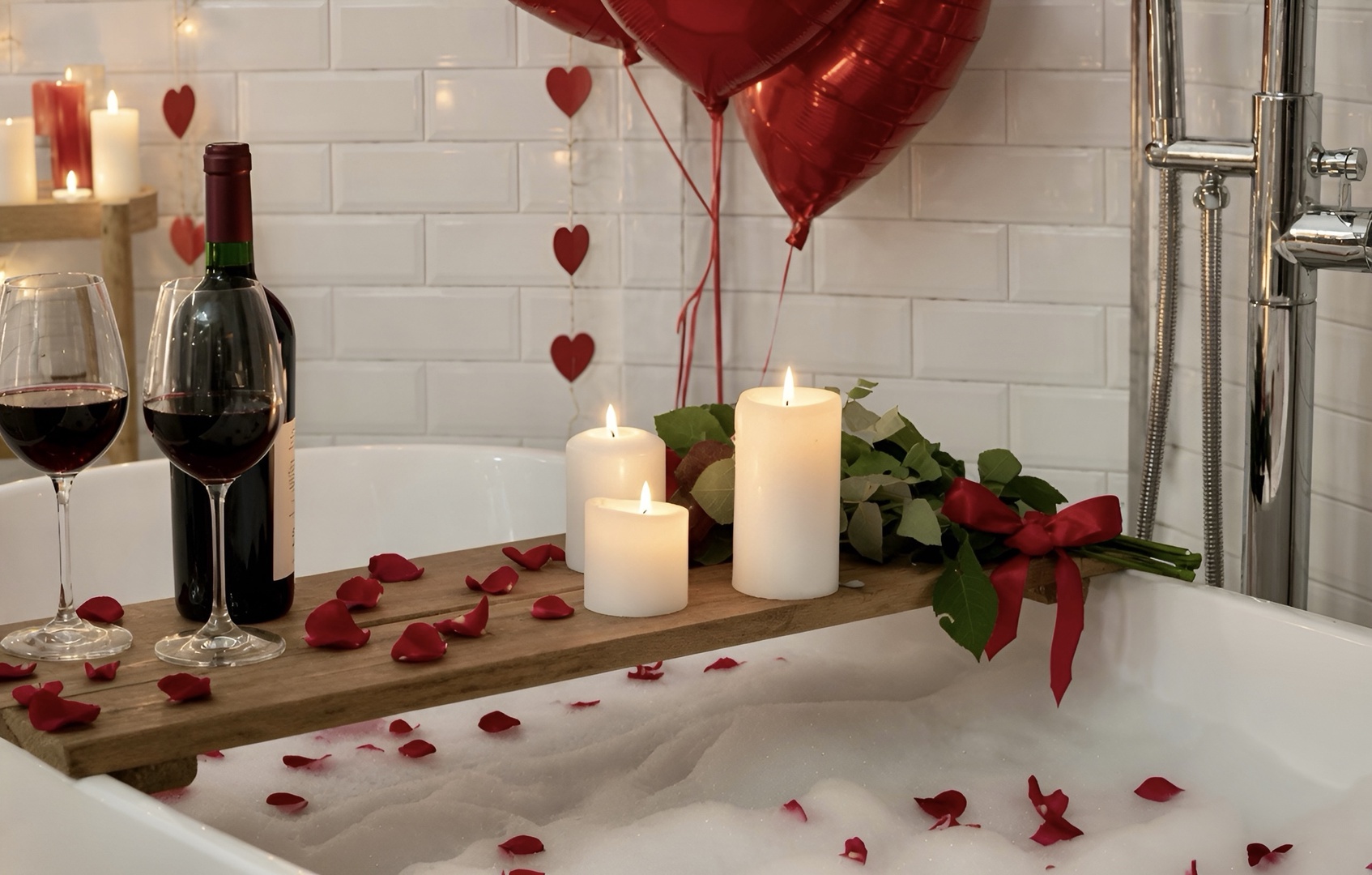 Unwind in your luxurious soaking tub, complete with rose petals, flickering candles, and a glass of wine. The perfect romantic escape awaits you.