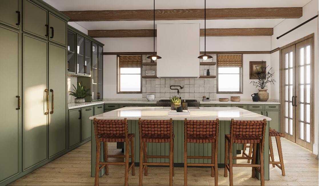 Your spacious kitchen invites culinary adventures with sage-green cabinets, marble island, and warm wood beams creating the perfect gathering spot.