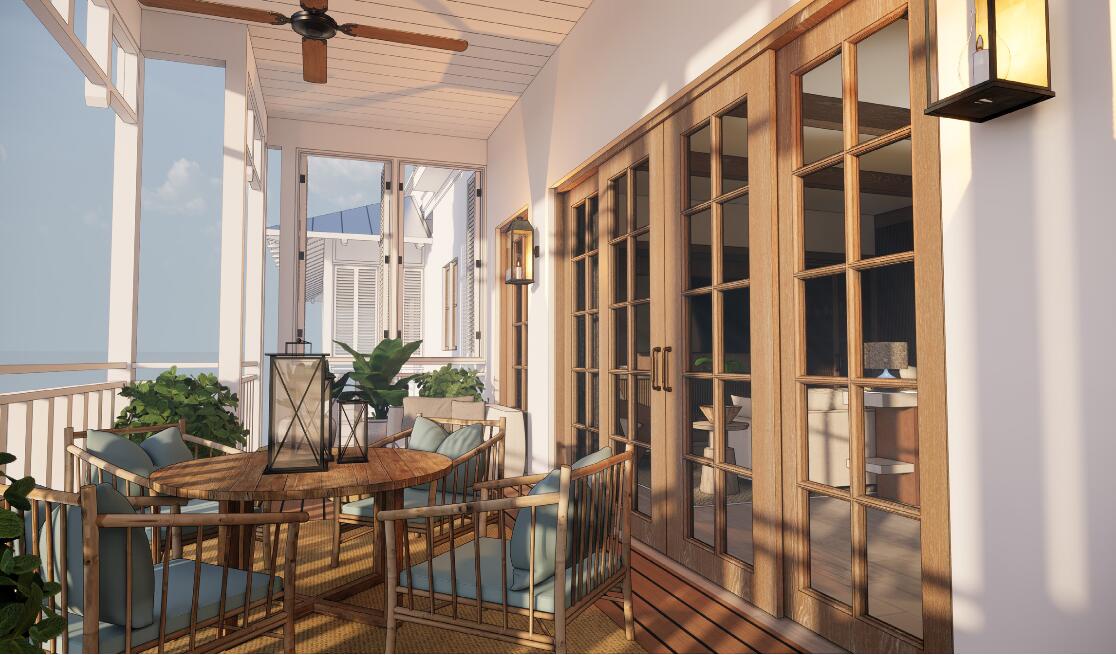 Unwind on your private balcony with comfortable seating, natural wood accents, and peaceful neighborhood views.