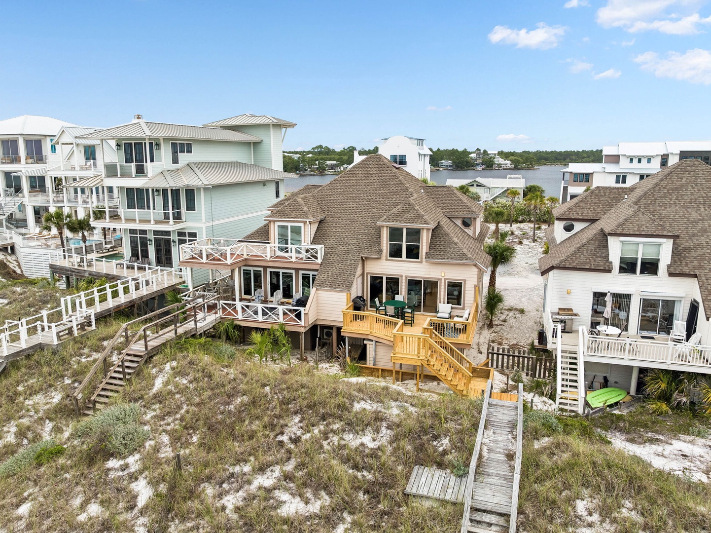 Beachfront rental homes nestled in a private coastal community, offering direct access to pristine sandy shores and serene waterfront views.
