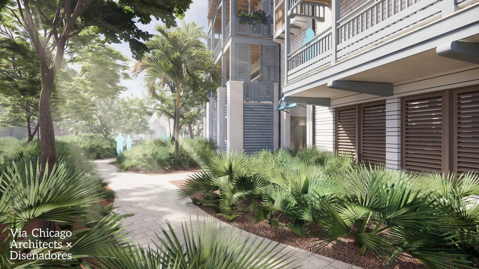 Modern property entrance showcases tropical landscaping with lush palms and contemporary architecture in a peaceful residential setting.