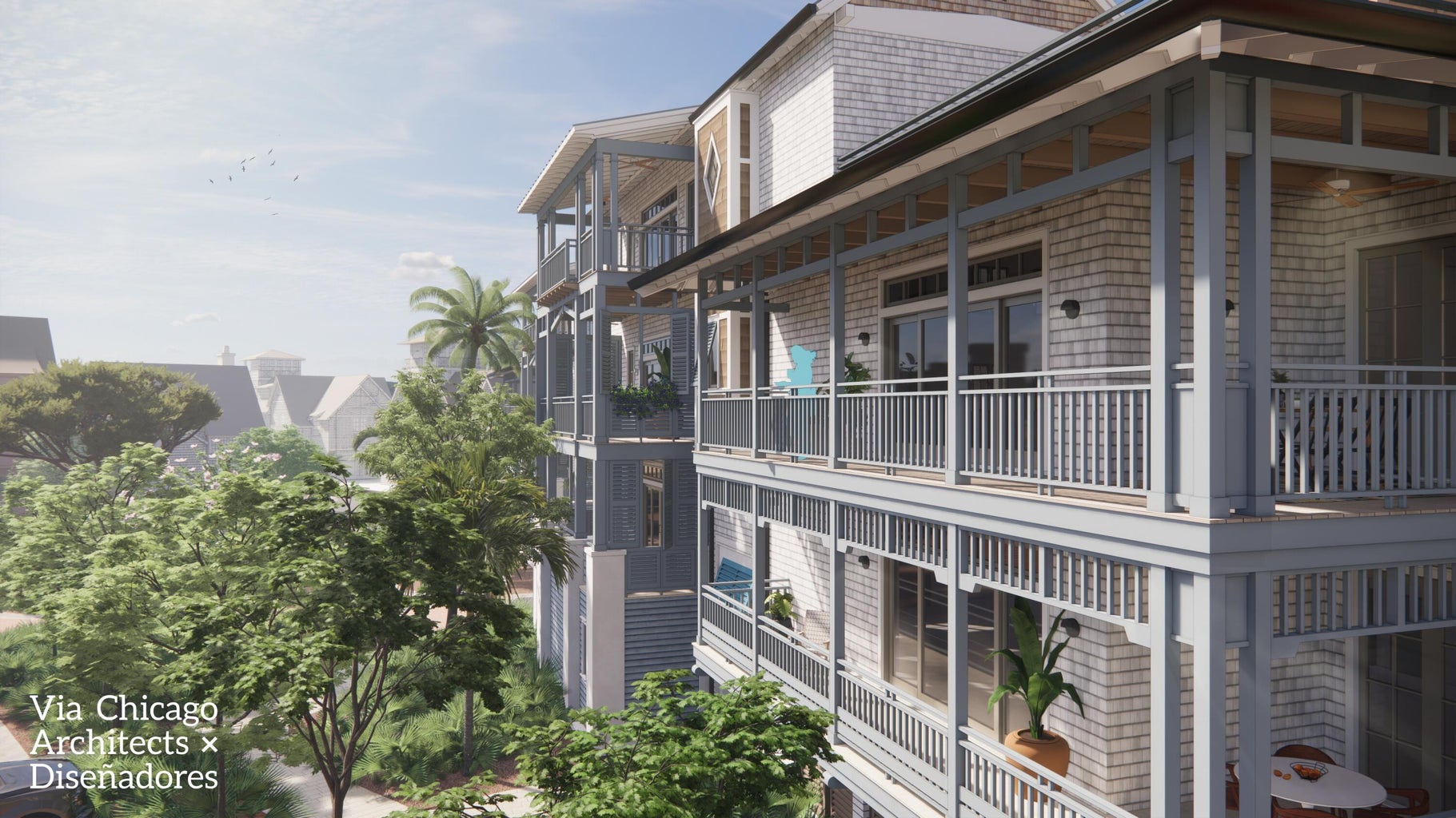 Modern coastal architecture showcases multi-level vacation homes with spacious covered balconies and tropical landscaping in the surrounding neighborhood.