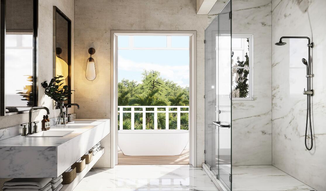 Indulge in your private marble sanctuary with rainfall shower, soaking tub, and serene garden views from your balcony.