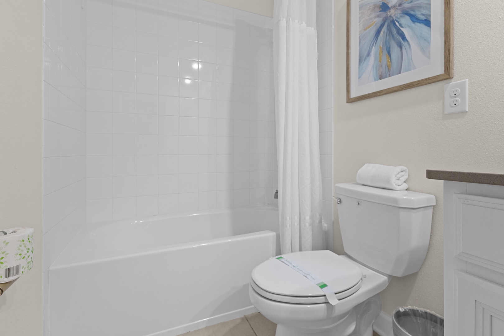 Relax in your pristine bathroom with a deep soaking tub, perfect for unwinding after exploring.
