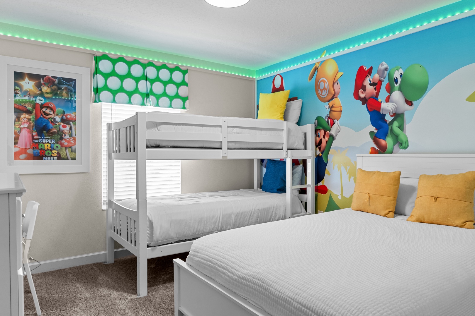 Your kids will love this magical Mario-themed bedroom featuring a cozy bunk bed and colorful murals that bring their favorite characters to life.