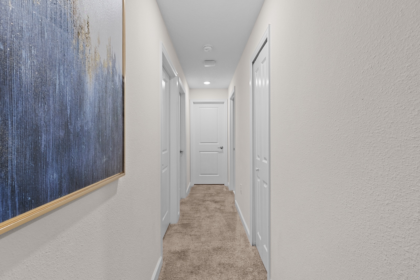 Your comfortable hallway connects all living spaces, featuring soft carpeting and contemporary artwork that welcomes you home.
