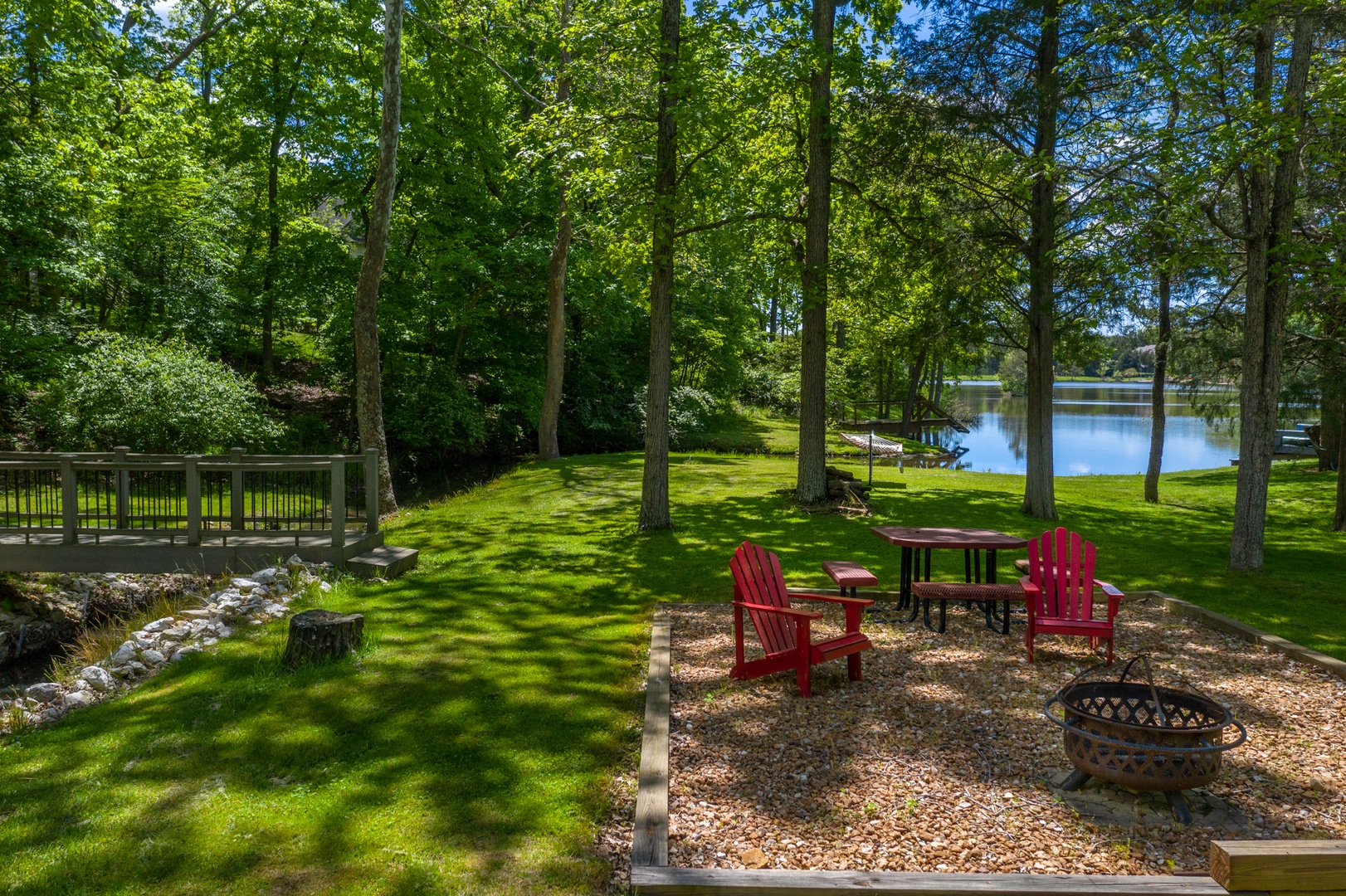 Enjoy a shaded lunch at the picnic table, or an evening around the fire pit
