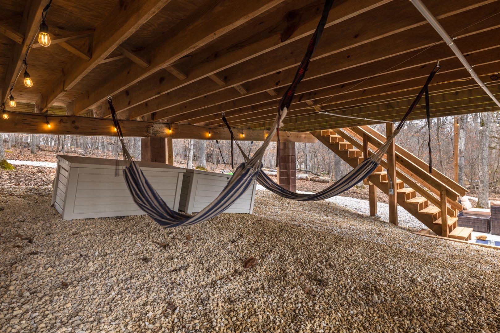 Located in the space below the chalet, the hangout space is a fun place to enjoy the shade.