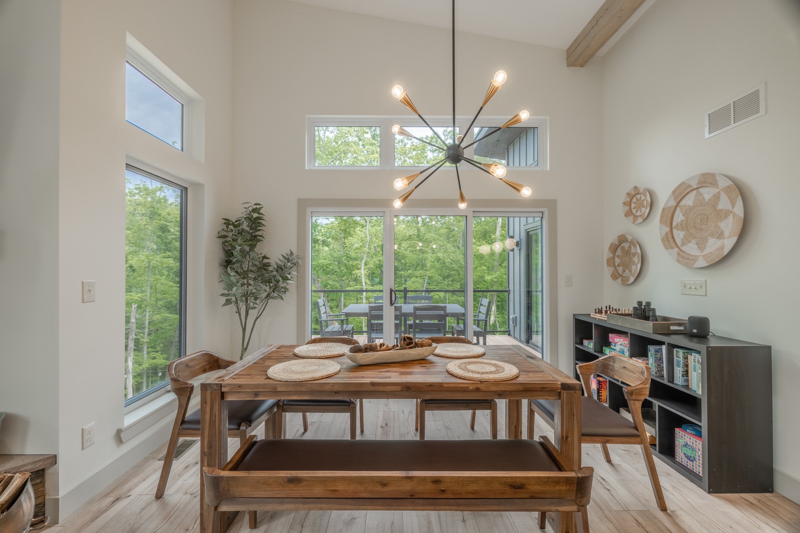 Unique light fixtures brighten the open living space and add a modern twist to the décor