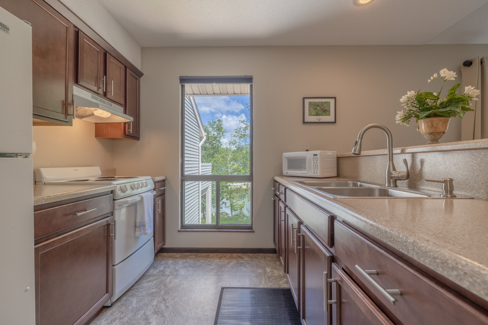 Fully equipped kitchen with views of Lake Aspen