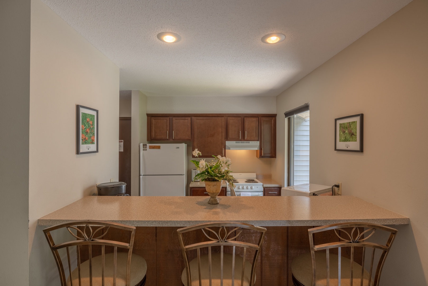 Fully equipped kitchen with ample countertop space and breakfast bar