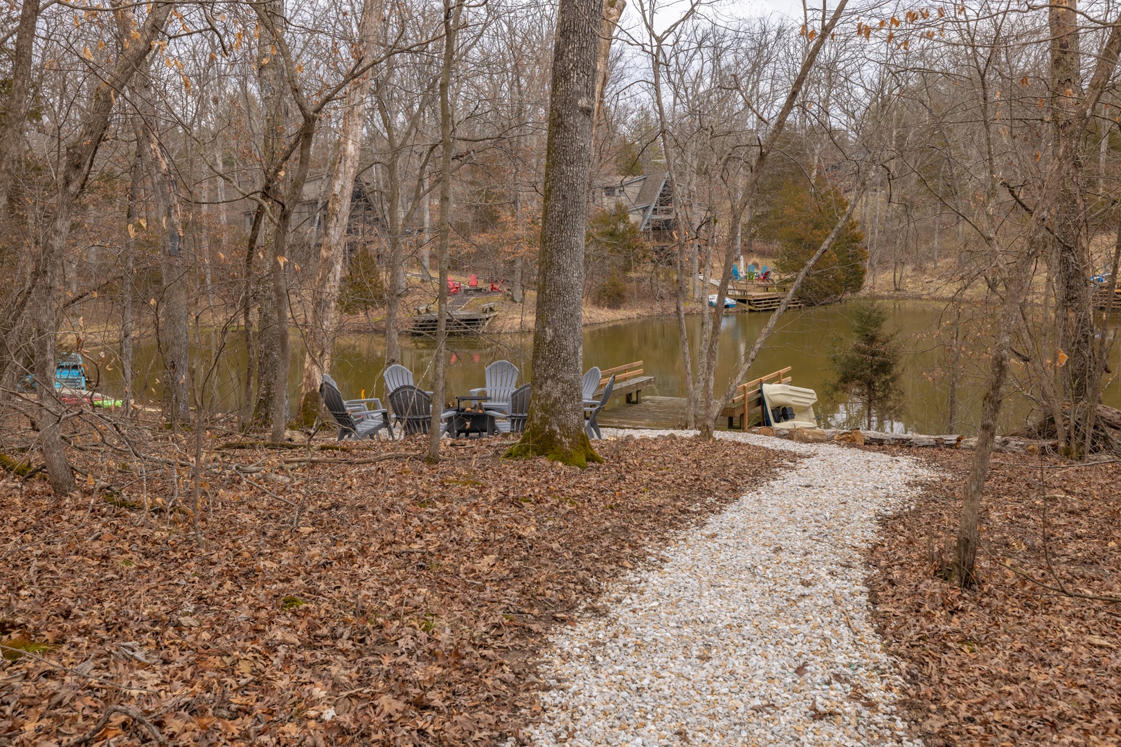 At the end of the path you will arrive at the private dock on a quaint pond.