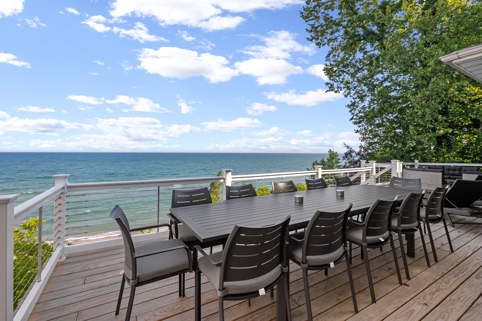 The dining options extend outside where there is waterfront seating for 10 on the deck.