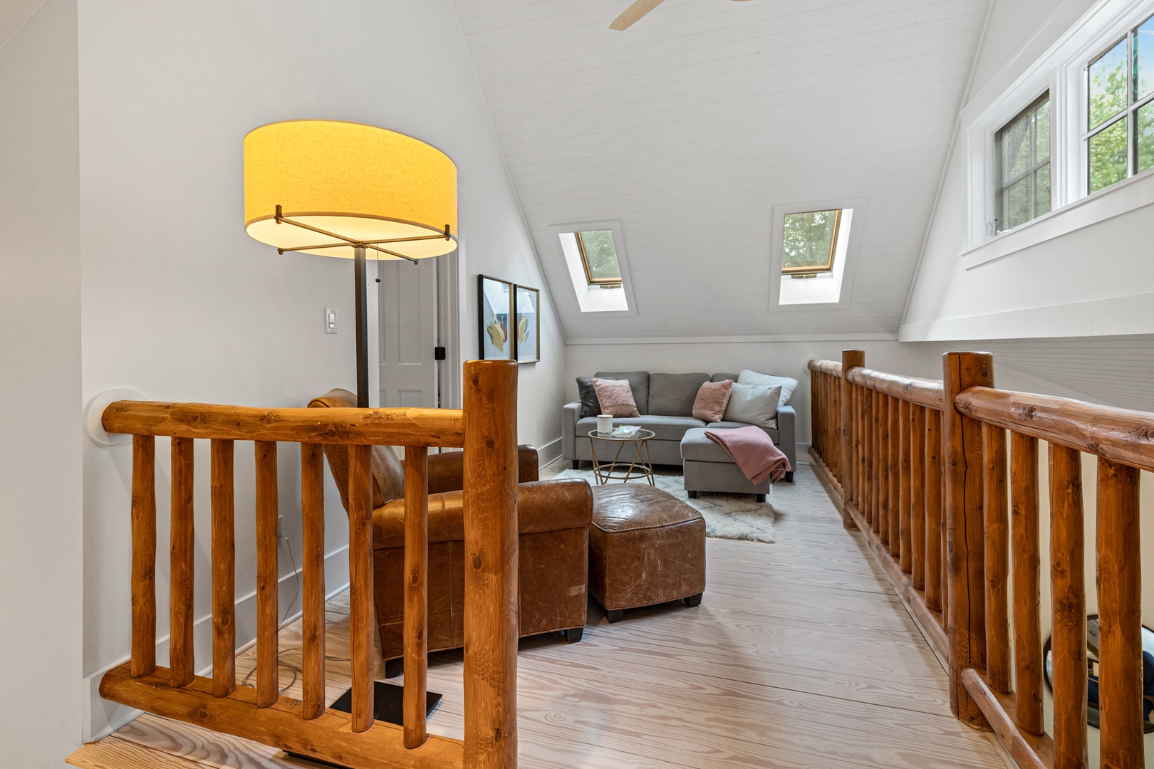Natural light warms the room from the two large skylights.