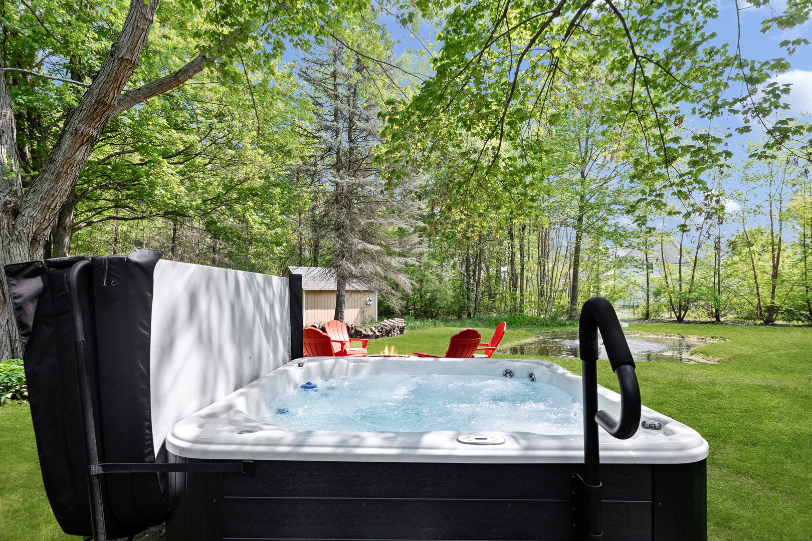 Soak your cares away in our hot tub overlooking the Lilypad pond.
