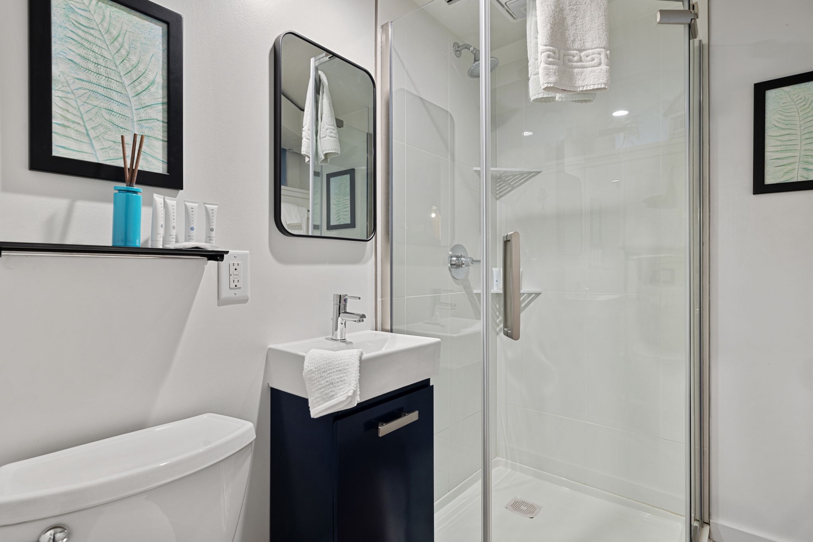We love this super-spiffy bathroom with a walk-in shower.