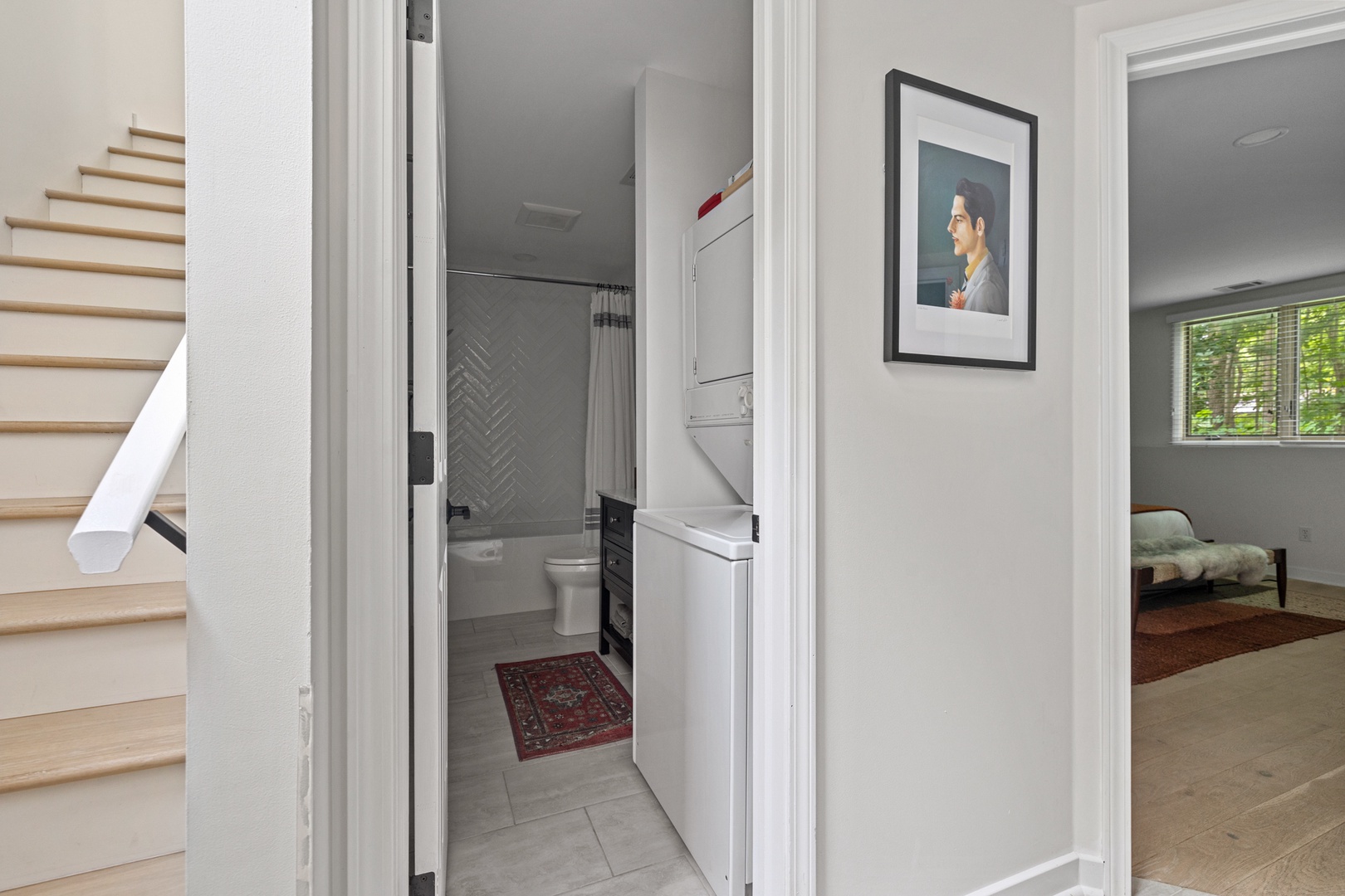 Enjoy the convenience of a washer-dryer in the master bathroom.