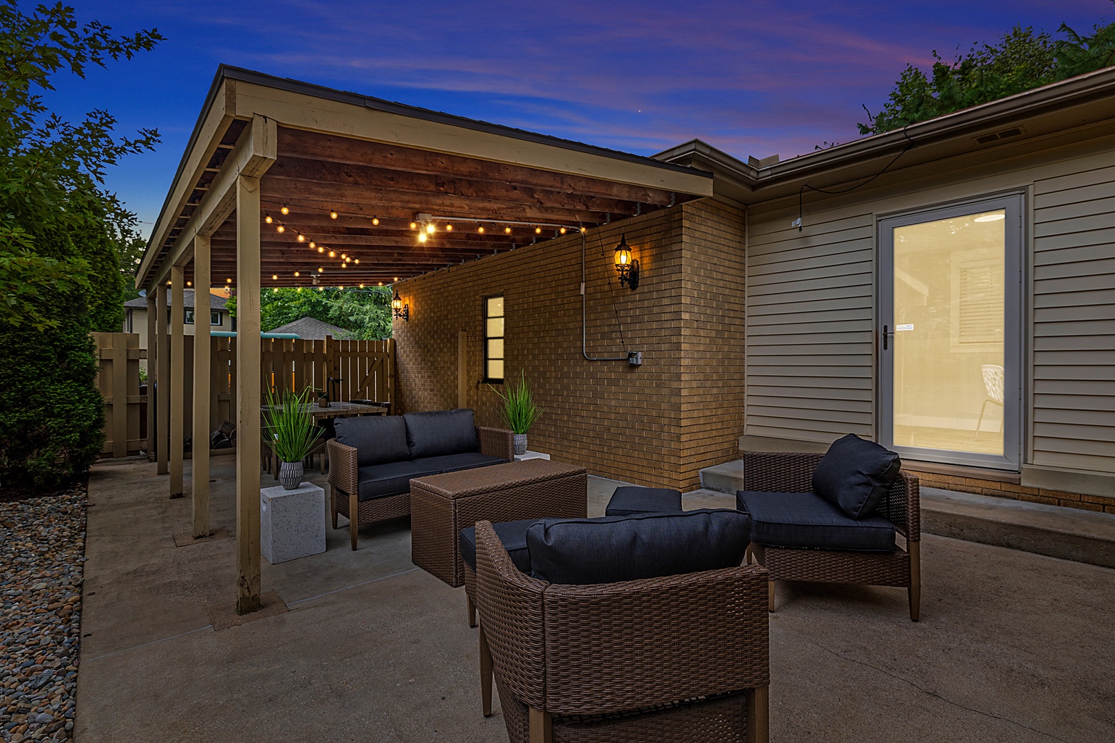 Our back patio is well lit for night time entertaining.