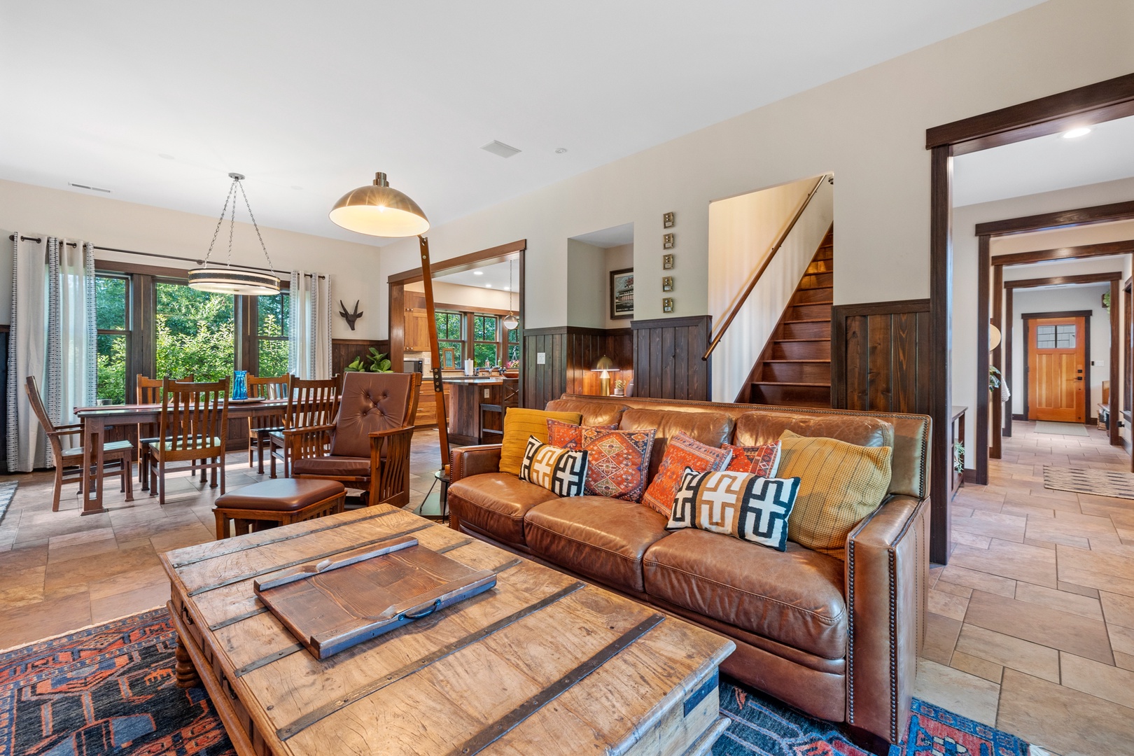 Luxurious leather sofas grace the living room.