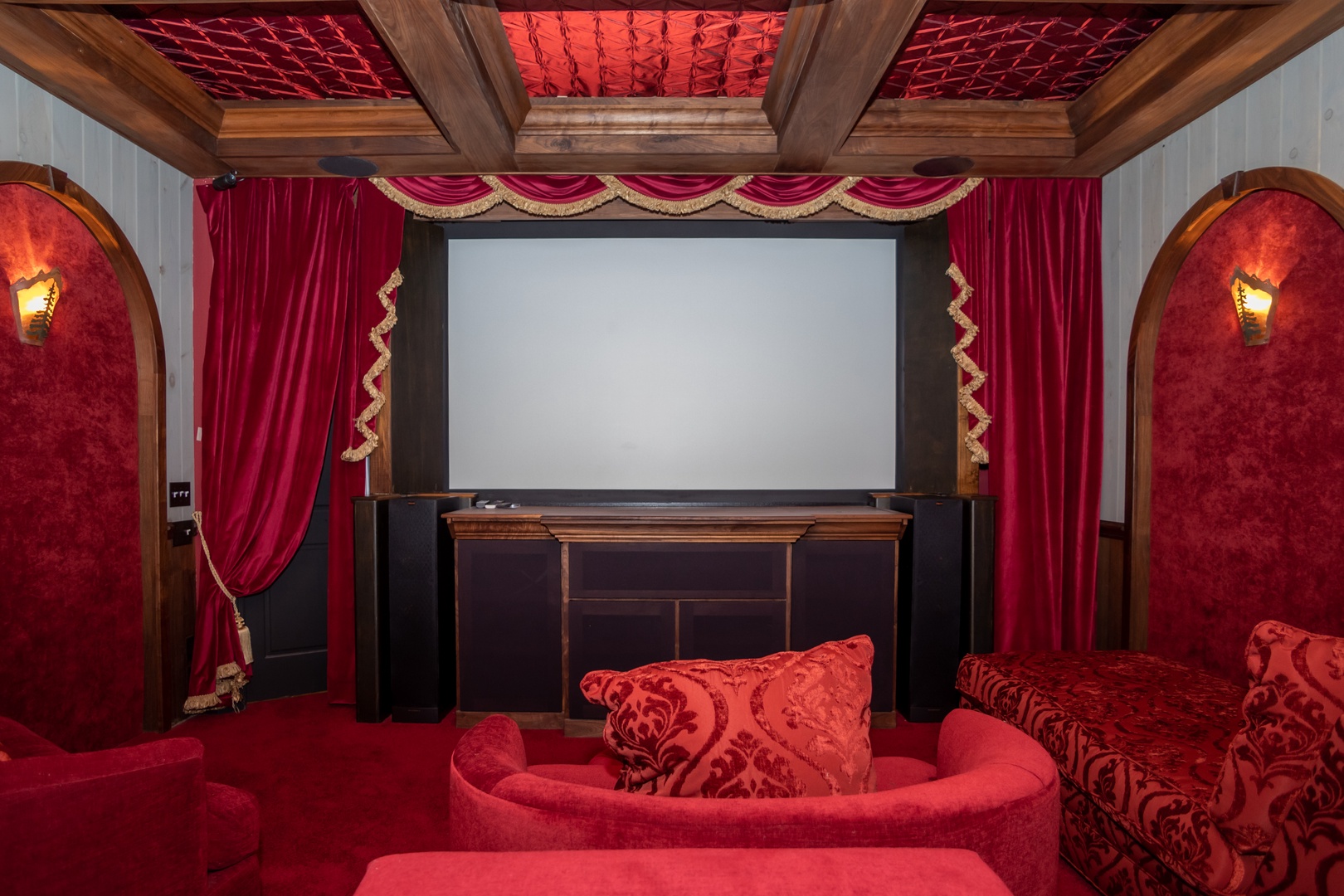 Movie nights are taken to an entirely new level in the posh screening room.