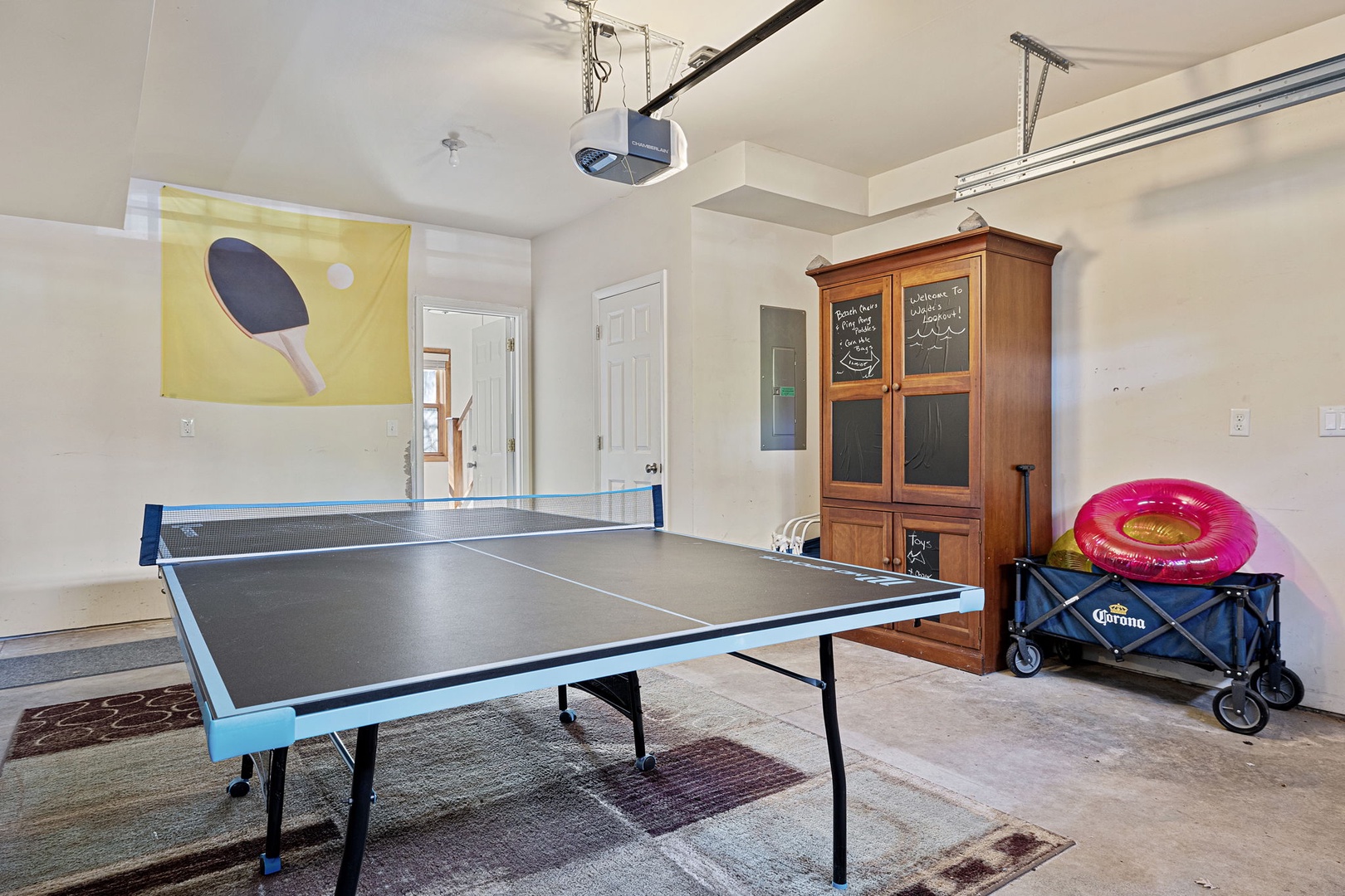 The ping-pong room has plenty of space and seating.