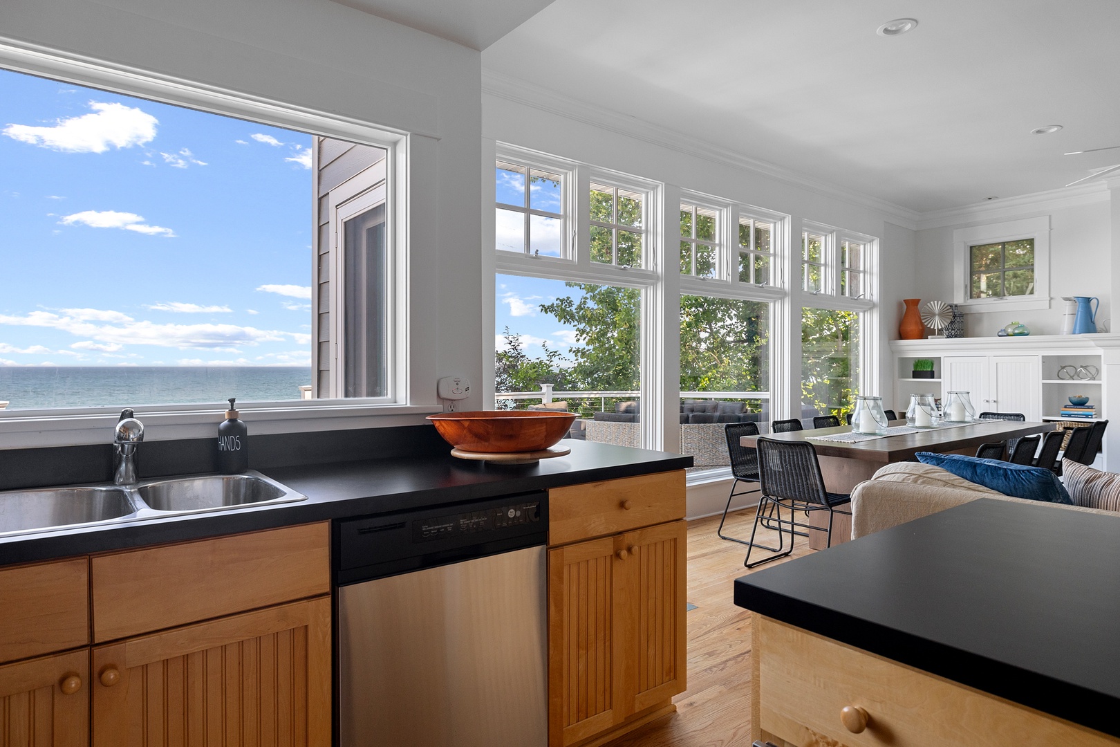An open, sophisticated kitchen provides the ultimate workspace for any chef.