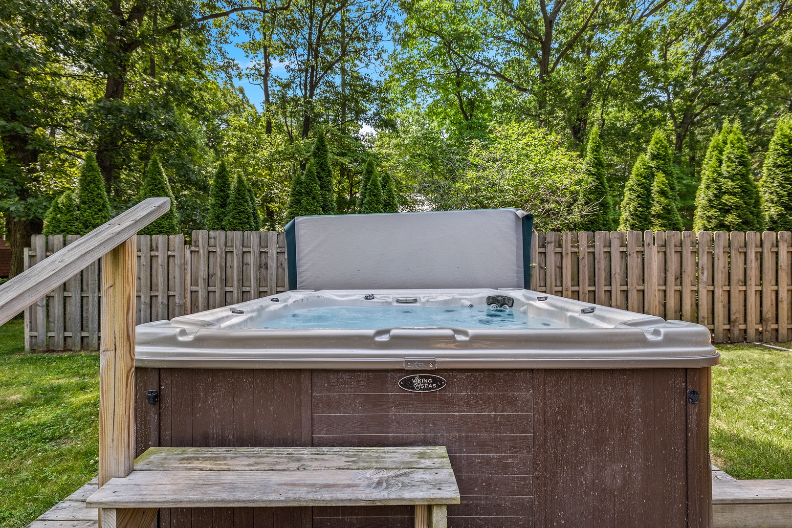 Relax your cares away in the 8-person hot tub.
