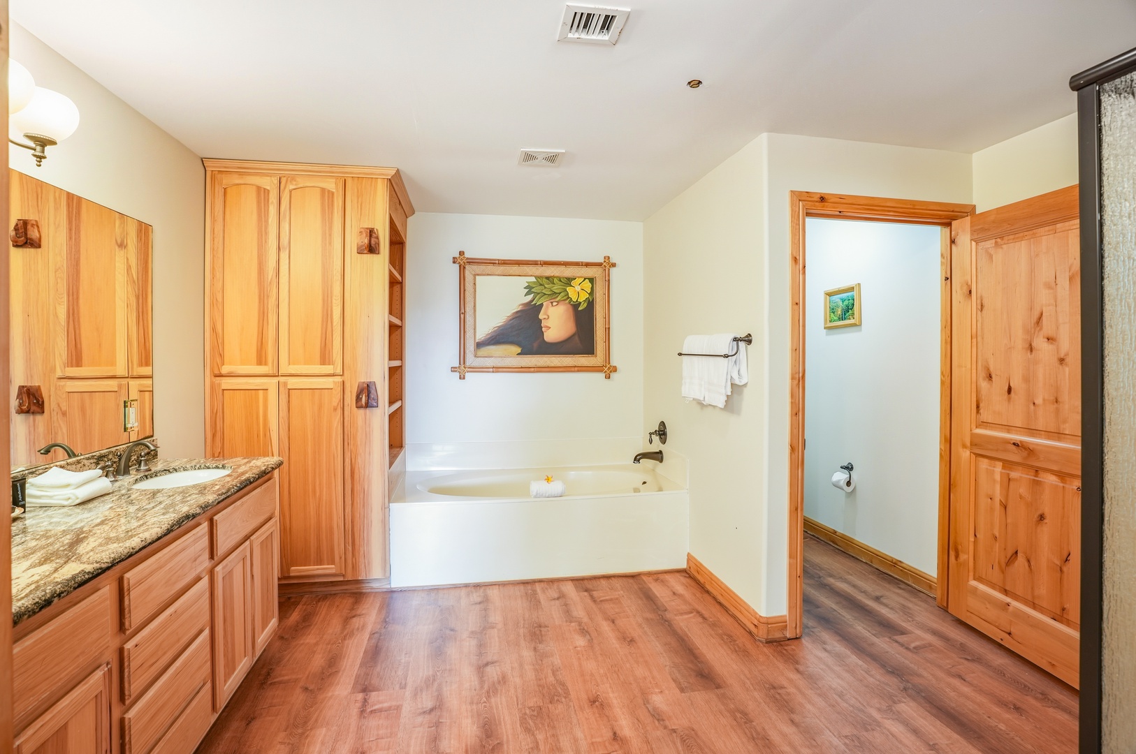 Soaking Tub, Dual Vanity, and private toilet