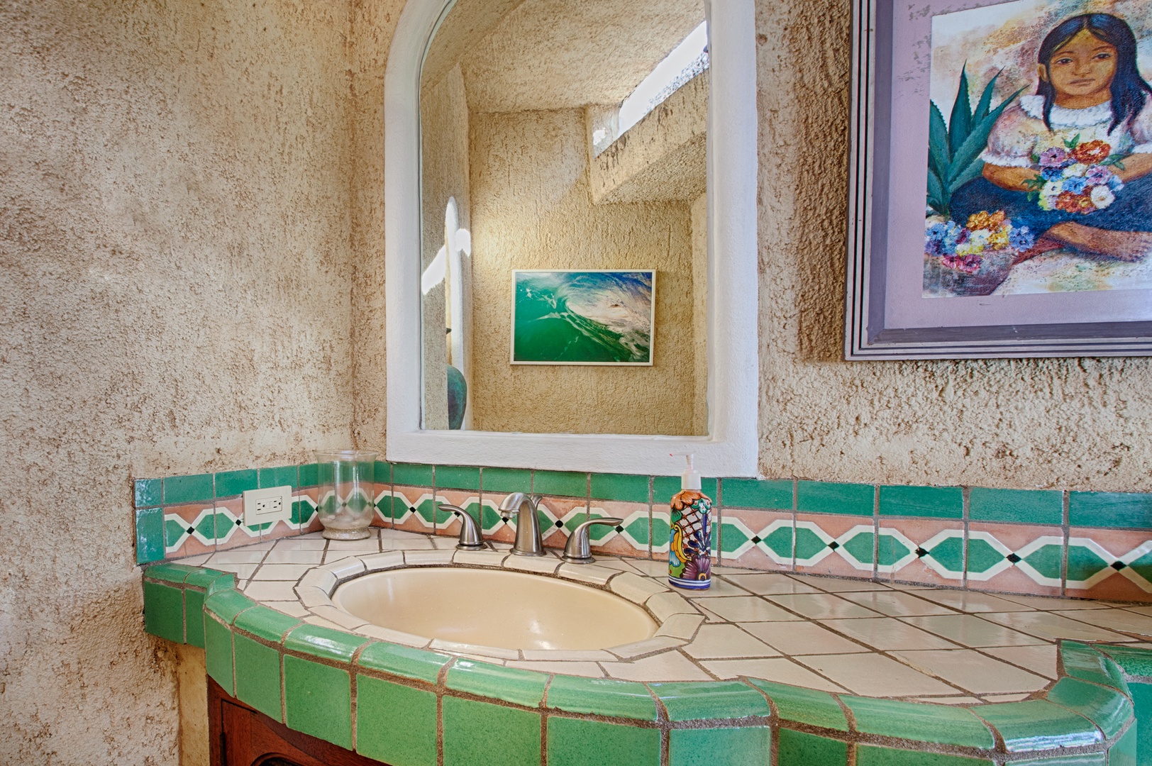 Your beautiful mosaic tile vanity brings vibrant Mexican artistry to your daily routine, creating a colorful oasis for refreshing moments.